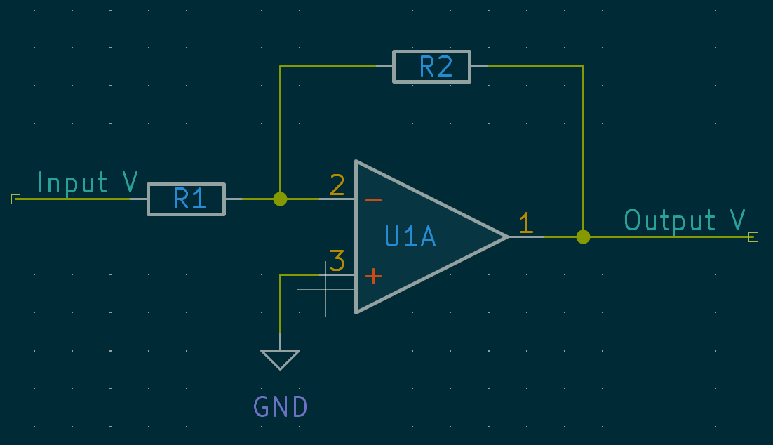 Typical inverting amplifier circuit with R1 as input resistor and R2 as feedback resistor