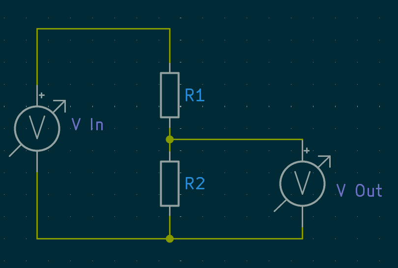 Voltage divider circuit showing the input source, top resistor, bottom resistor, and output node